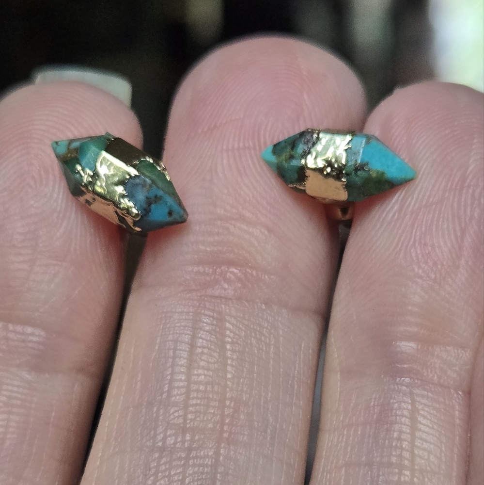 Turquoise natural crystal gemstone sterling & gold earrings - Picture 4 of 6